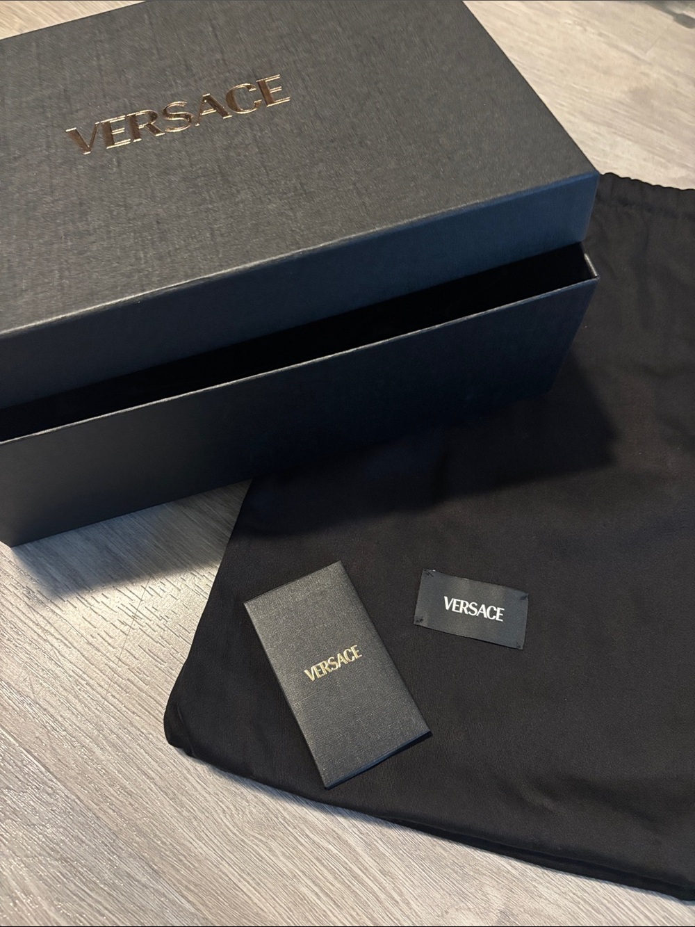 Versace Short Boots Box - black with gold letters, authenticity card & dust bags